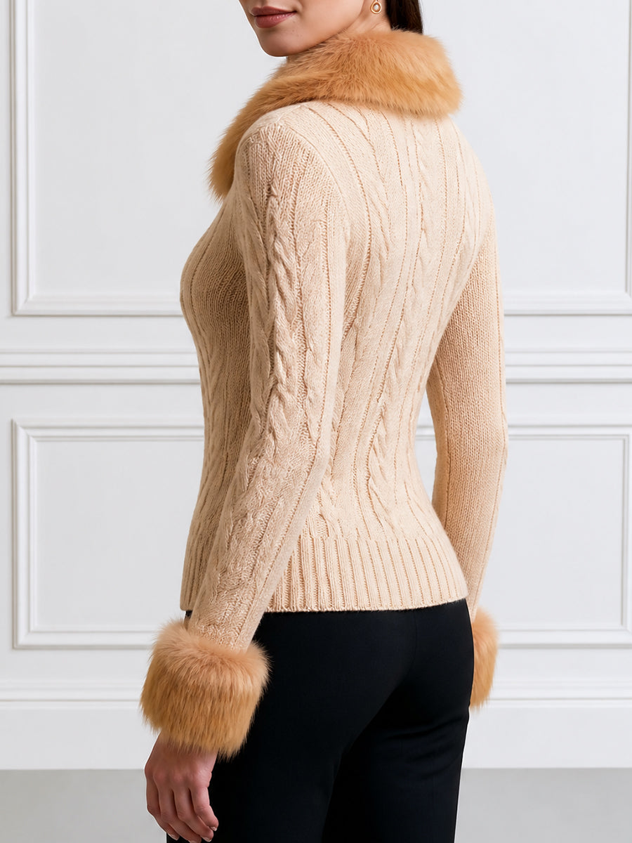 Cable Knit Cardigan with Faux Fur Collar and Cuffs