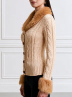 Cable Knit Cardigan with Faux Fur Collar and Cuffs