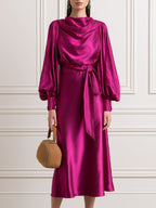 Cowl Neck Satin Midi Dress with Bishop Sleeves and Belt