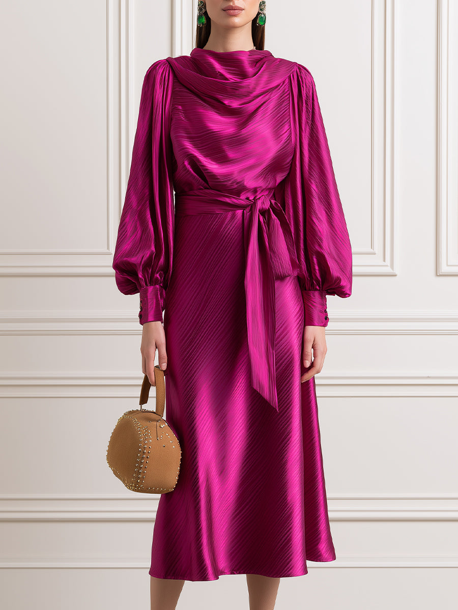 Cowl Neck Satin Midi Dress with Bishop Sleeves and Belt