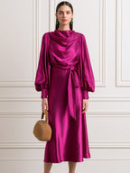 Cowl Neck Satin Midi Dress with Bishop Sleeves and Belt