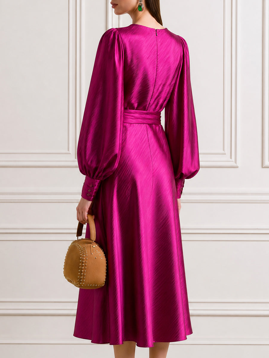 Cowl Neck Satin Midi Dress with Bishop Sleeves and Belt