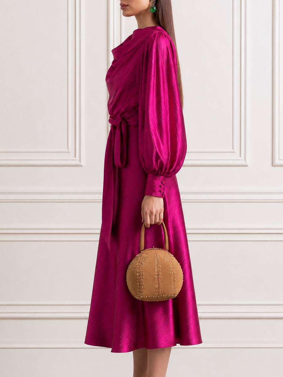 Cowl Neck Satin Midi Dress with Bishop Sleeves and Belt