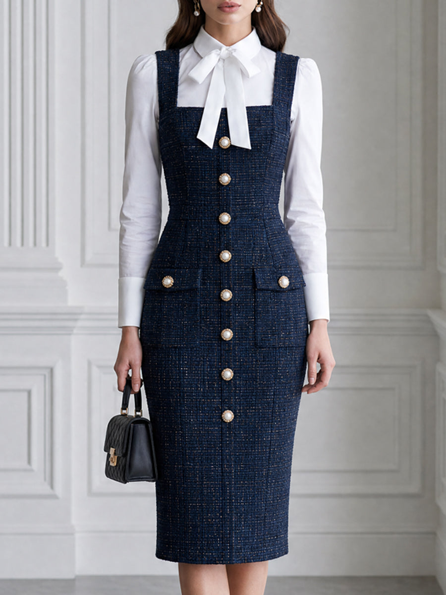 Tweed Pearl Button Pinafore Midi Dress And Bow-Tie Blouse Set