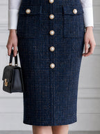 Tweed Pearl Button Pinafore Midi Dress And Bow-Tie Blouse Set