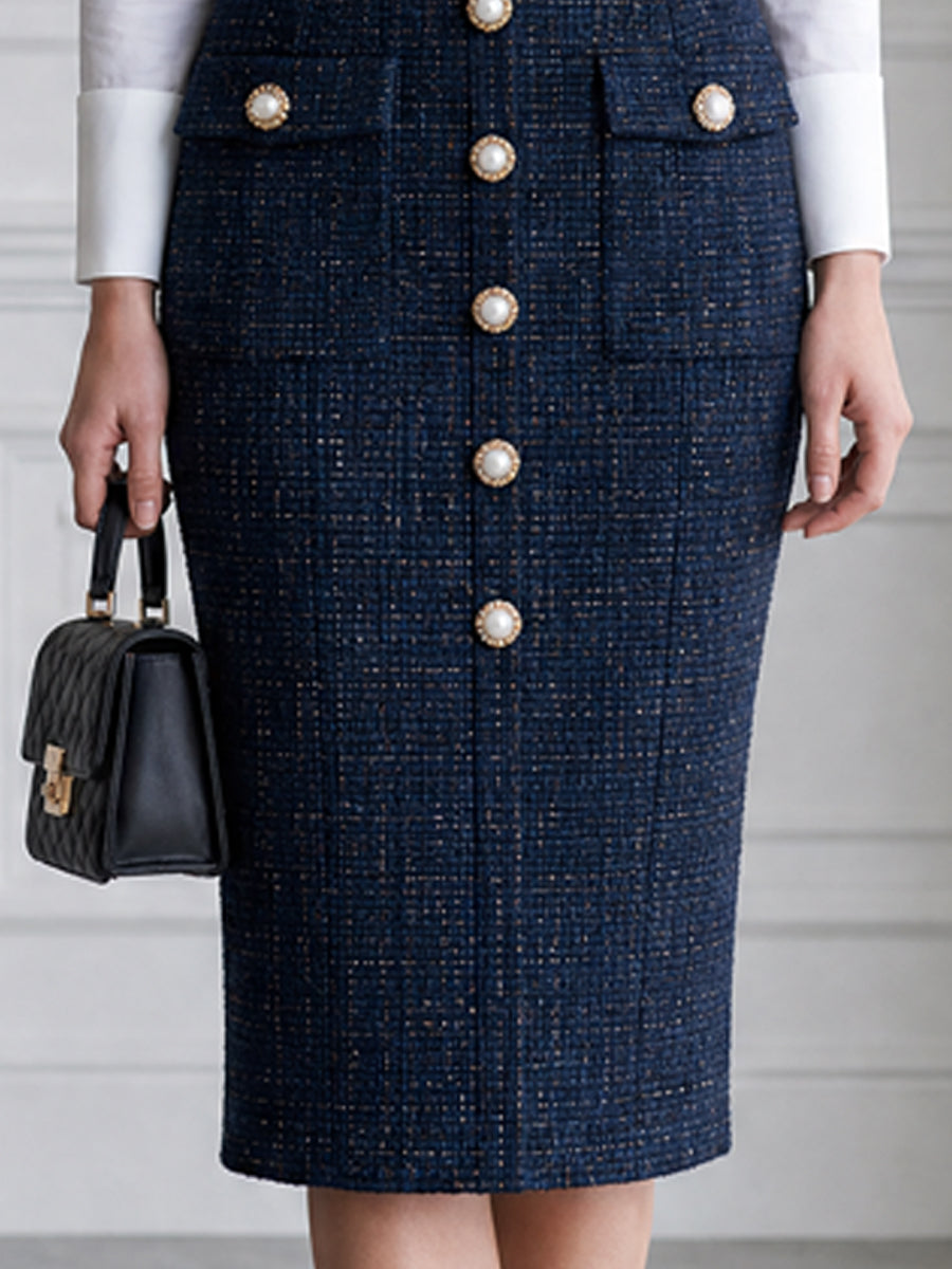 Tweed Pearl Button Pinafore Midi Dress And Bow-Tie Blouse Set