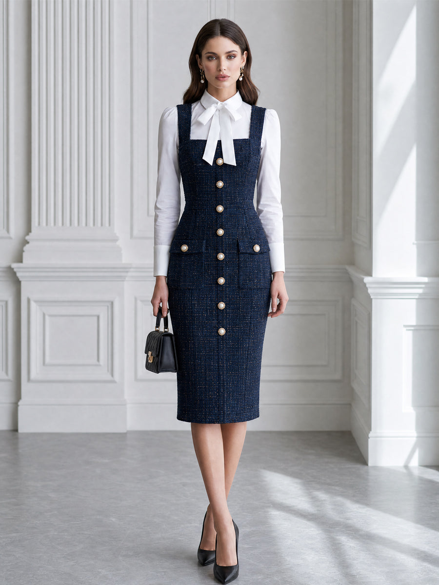 Tweed Pearl Button Pinafore Midi Dress And Bow-Tie Blouse Set