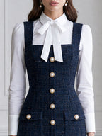 Tweed Pearl Button Pinafore Midi Dress And Bow-Tie Blouse Set