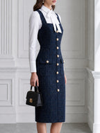 Tweed Pearl Button Pinafore Midi Dress And Bow-Tie Blouse Set