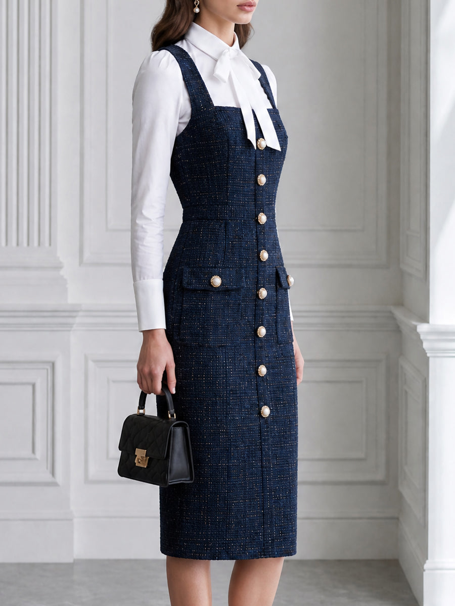 Tweed Pearl Button Pinafore Midi Dress And Bow-Tie Blouse Set