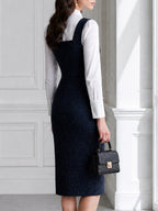 Tweed Pearl Button Pinafore Midi Dress And Bow-Tie Blouse Set