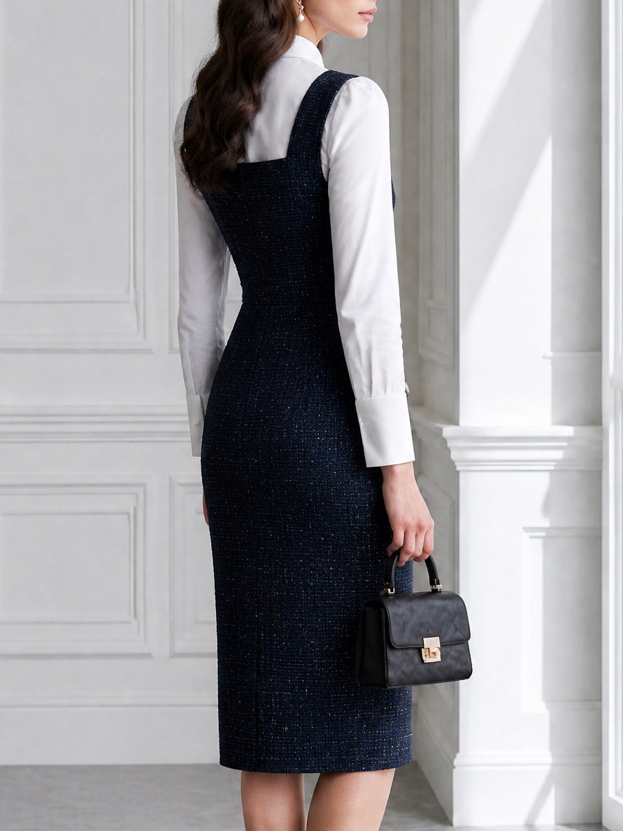 Tweed Pearl Button Pinafore Midi Dress And Bow-Tie Blouse Set