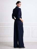 Pinstripe V-Neck Wide Leg Jumpsuit With Belt