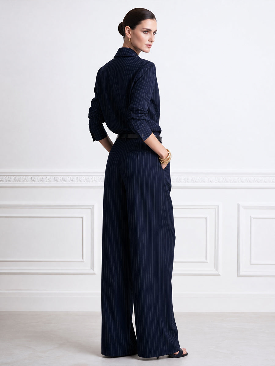 Pinstripe V-Neck Wide Leg Jumpsuit With Belt