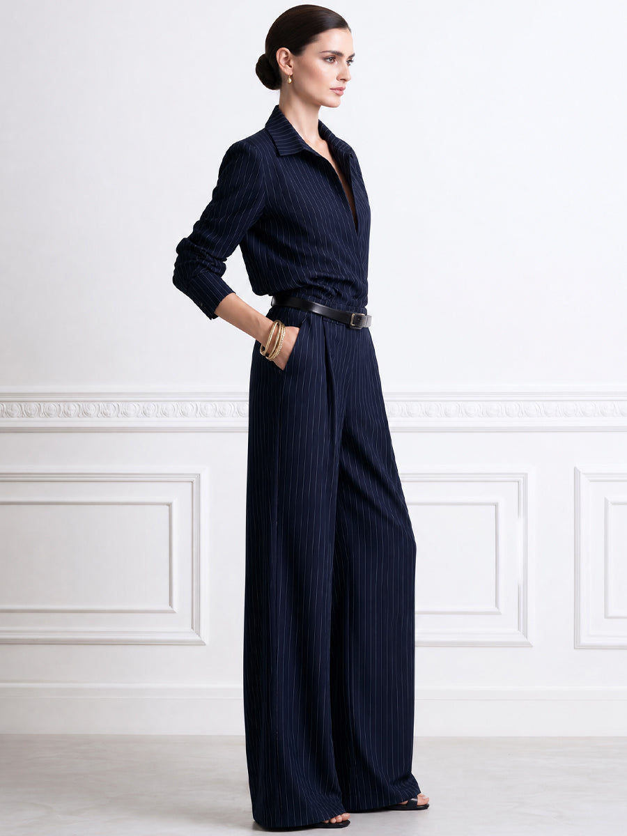 Pinstripe V-Neck Wide Leg Jumpsuit With Belt
