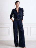 Pinstripe V-Neck Wide Leg Jumpsuit With Belt