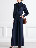 Bow-Tie Neck Satin Blouse & Wide-Leg Trousers Two-Piece Set