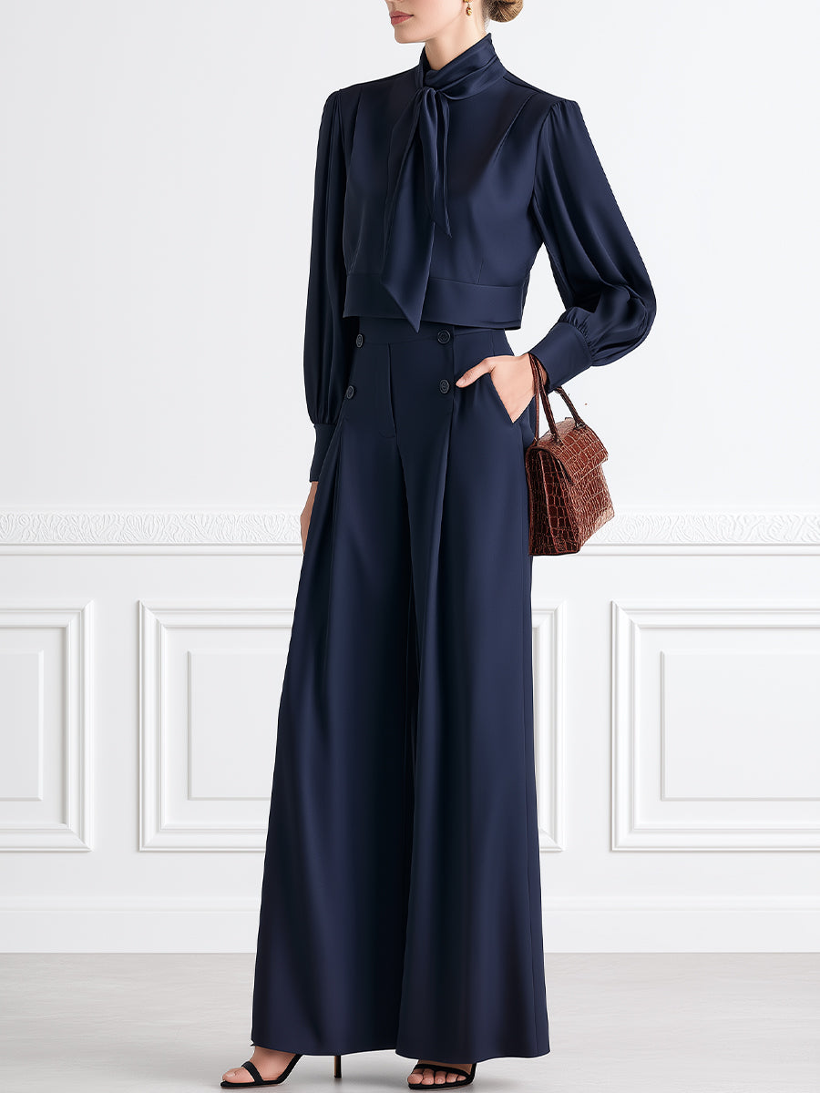 Bow-Tie Neck Satin Blouse & Wide-Leg Trousers Two-Piece Set