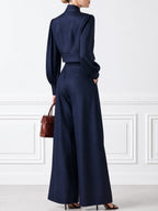 Bow-Tie Neck Satin Blouse & Wide-Leg Trousers Two-Piece Set