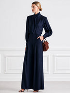 Bow-Tie Neck Satin Blouse & Wide-Leg Trousers Two-Piece Set