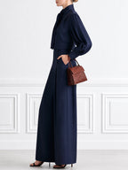 Bow-Tie Neck Satin Blouse & Wide-Leg Trousers Two-Piece Set