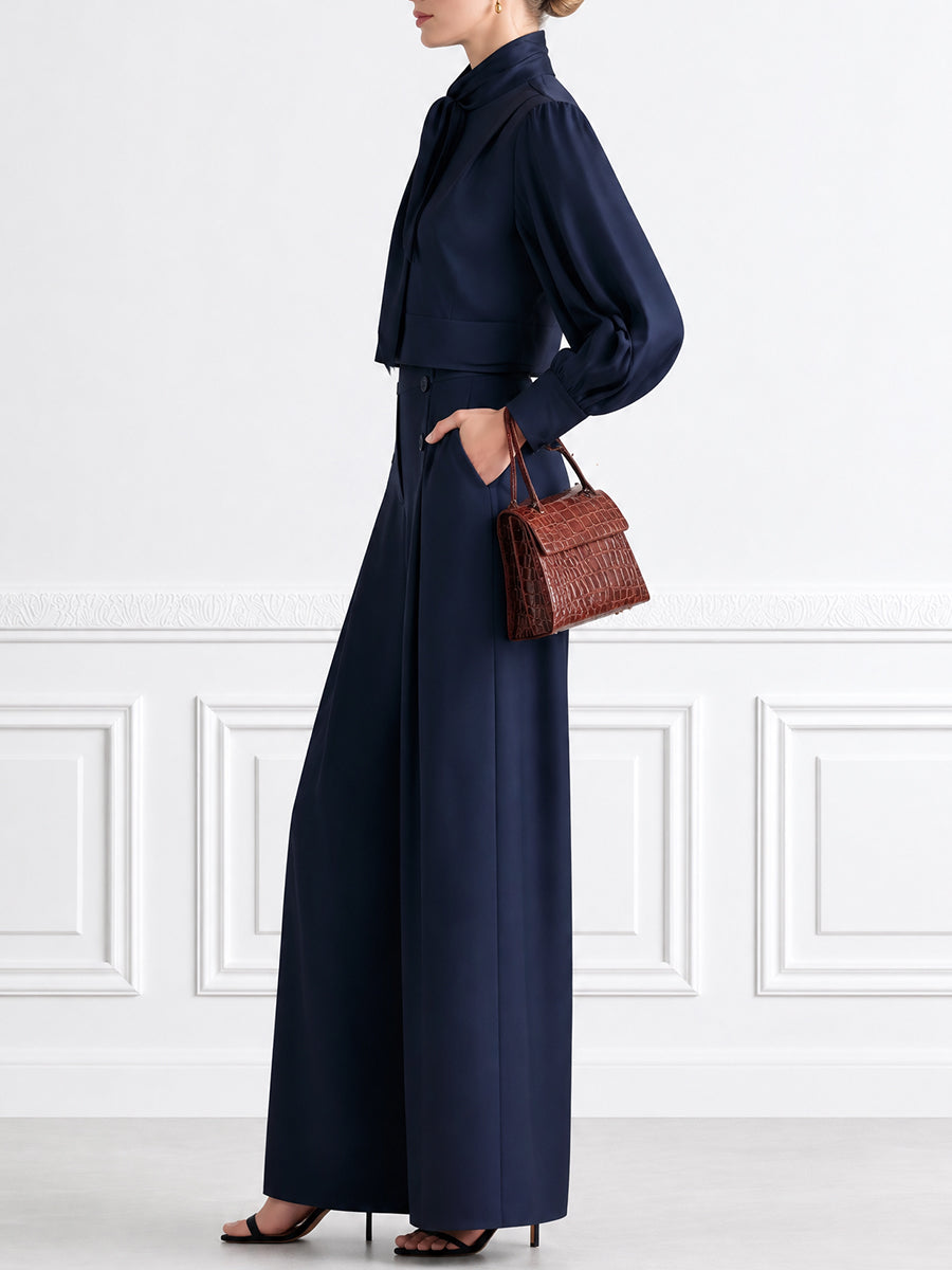 Bow-Tie Neck Satin Blouse & Wide-Leg Trousers Two-Piece Set