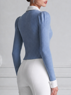 Blue Preppy Ribbed Knit Button Front Blouse