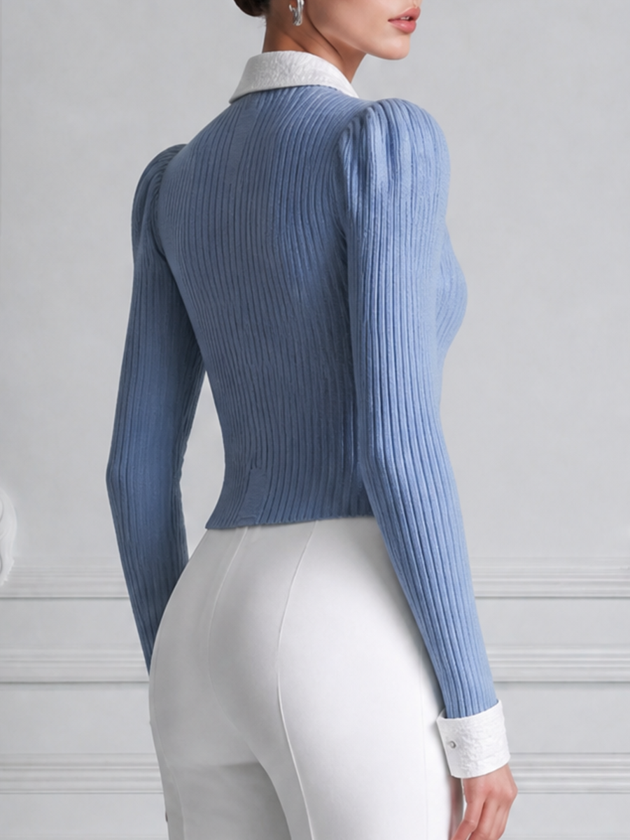 Blue Preppy Ribbed Knit Button Front Blouse
