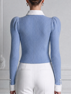 Blue Preppy Ribbed Knit Button Front Blouse