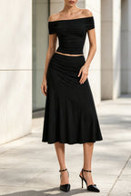 Women's Off-shoulder Top + Skirt Solid Color Elegant Casual Set