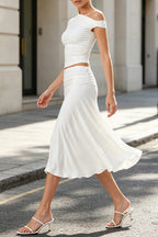 Women's Off-shoulder Top + Skirt Solid Color Elegant Casual Set