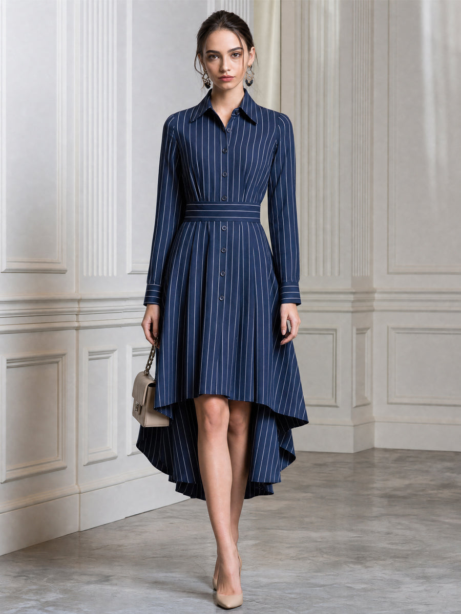 Pinstripe Long Sleeve High-Low Hem Shirt Dress