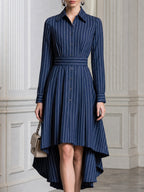 Pinstripe Long Sleeve High-Low Hem Shirt Dress