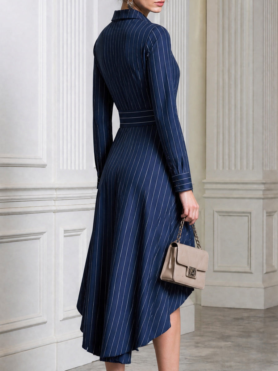 Pinstripe Long Sleeve High-Low Hem Shirt Dress