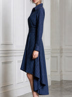 Pinstripe Long Sleeve High-Low Hem Shirt Dress