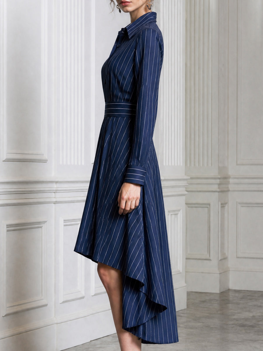 Pinstripe Long Sleeve High-Low Hem Shirt Dress