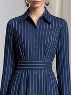 Pinstripe Long Sleeve High-Low Hem Shirt Dress