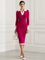 Contrast Collar Ribbed Knit Bodycon Midi Sweater Dress