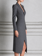Gray Dress Fall Wedding Guest Dress Puff Shoulder Wrap Blazer Midi Dress
