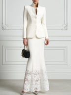 Stand Collar Tailored Blazer And Lace Hem Skirt Suit Set