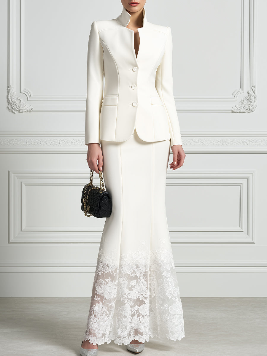 Stand Collar Tailored Blazer And Lace Hem Skirt Suit Set