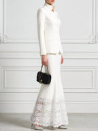 Stand Collar Tailored Blazer And Lace Hem Skirt Suit Set