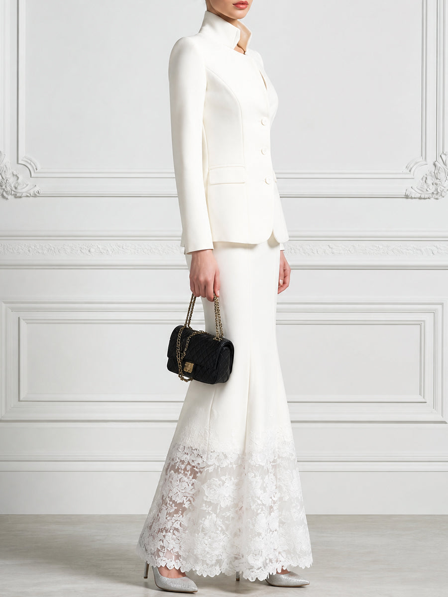 Stand Collar Tailored Blazer And Lace Hem Skirt Suit Set