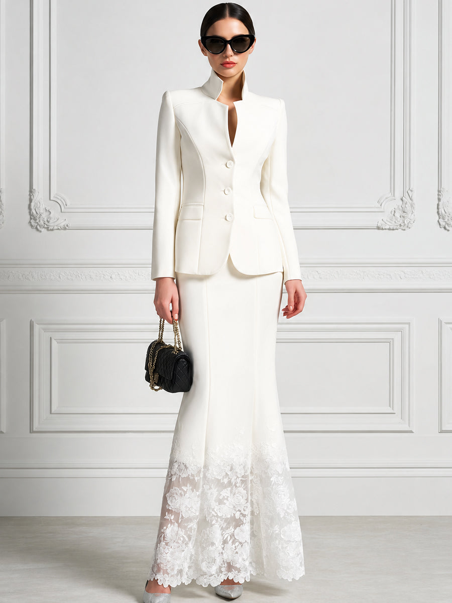 Stand Collar Tailored Blazer And Lace Hem Skirt Suit Set