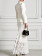 Stand Collar Tailored Blazer And Lace Hem Skirt Suit Set