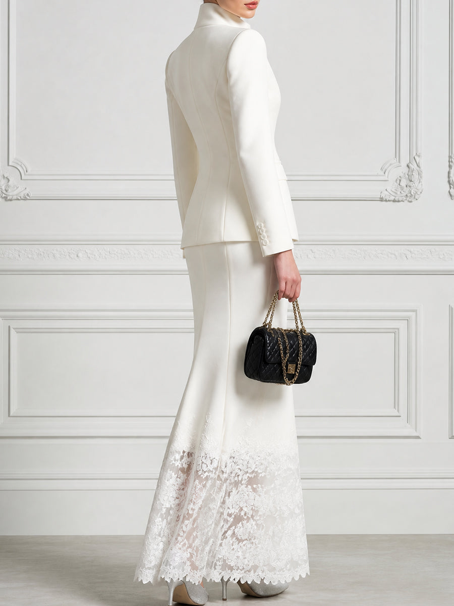 Stand Collar Tailored Blazer And Lace Hem Skirt Suit Set