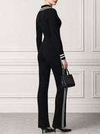 Ribbed Knit Polo Collar Top and Striped Flare Pants Two-Piece Set