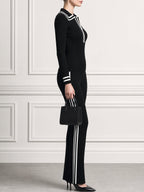 Ribbed Knit Polo Collar Top and Striped Flare Pants Two-Piece Set