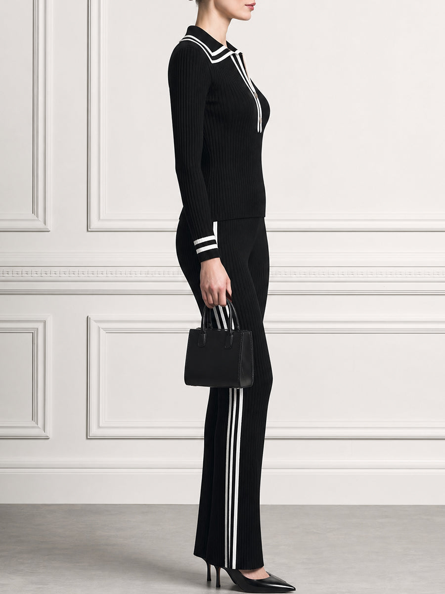 Ribbed Knit Polo Collar Top and Striped Flare Pants Two-Piece Set