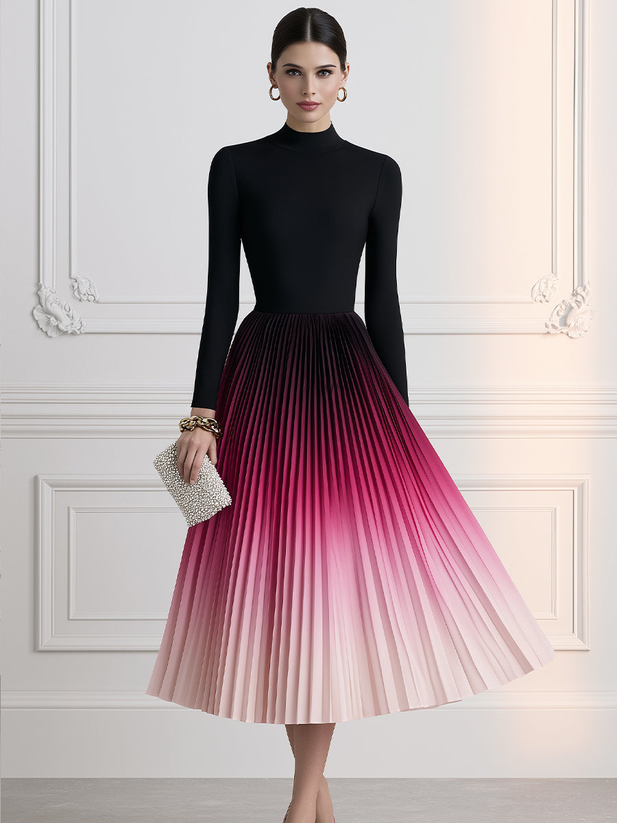 Ombre Pleated Long Sleeve Midi Dress with Mock Neck